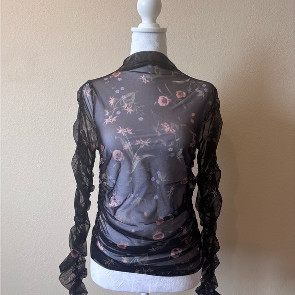 Maeve Black Floral Mesh Sheer Ruched Long Sleeve Top - Picture 3 of 11